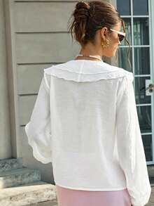 Jade & Ember Women's Solid Color V-Neck Ruffle Trim Casual Elegant Romantic Long Sleeve Top Tea Party White Autumn - White - View 2