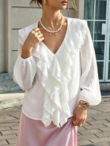 Jade & Ember Women's Solid Color V-Neck Ruffle Trim Casual Elegant Romantic Long Sleeve Top Tea Party White Autumn - White - View 6