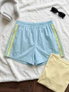 Comfortcana 大尺碼女款彈性腰對比蕾絲寬鬆休閒短褲，夏季女裝 - 淺藍色 - 查看 5