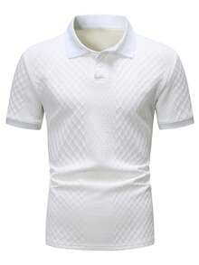 Manfinity Homme 男士白色夏季休閒度假 Polo 衫，幾何紋理提花針織短袖 Polo 衫，鈕扣門襟法式風格，送男友的高級禮物，正式場合適用 - 白色 - 查看 6