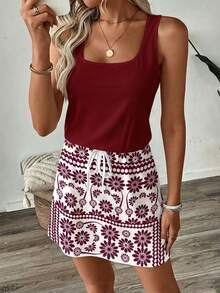 SHEIN LUNE Gaun Pendek Kasual Bermotif untuk Wanita, Cocok untuk Musim Semi dan Musim Panas - Burgundy - View 7