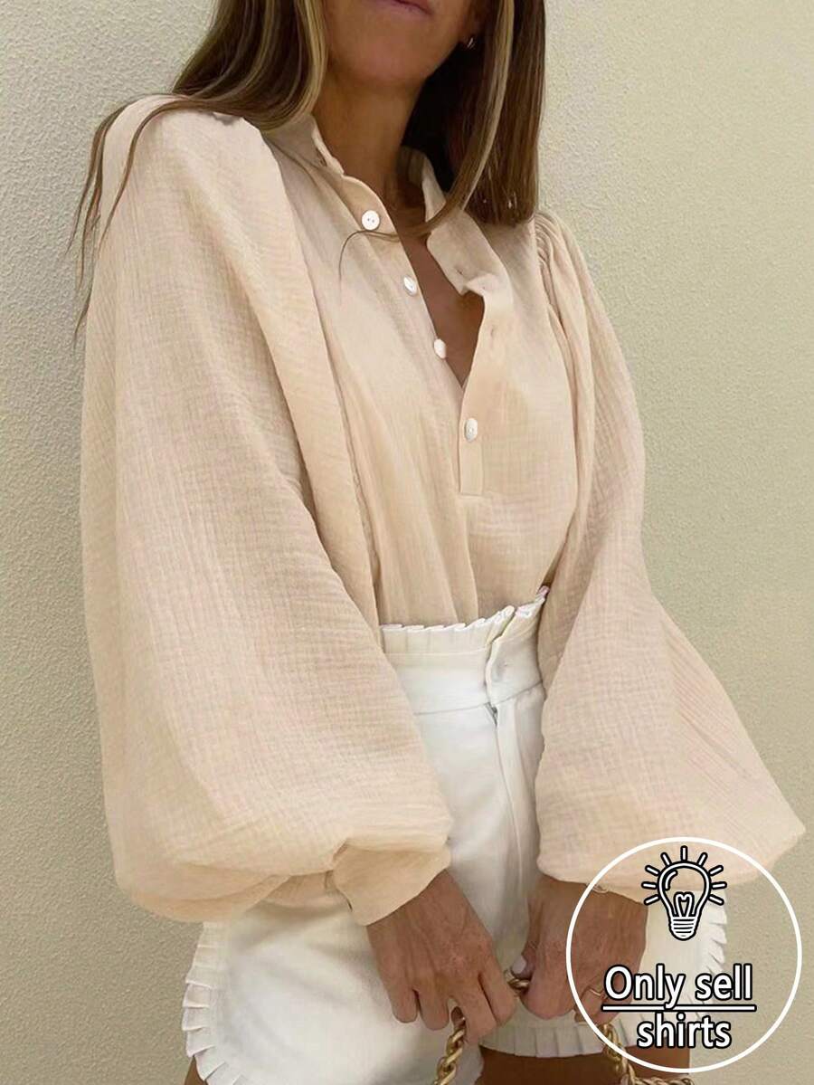 SHEIN VCAY 女士纯色灯笼袖宽松休闲衬衫,春夏 - 杏色 - 查看 1