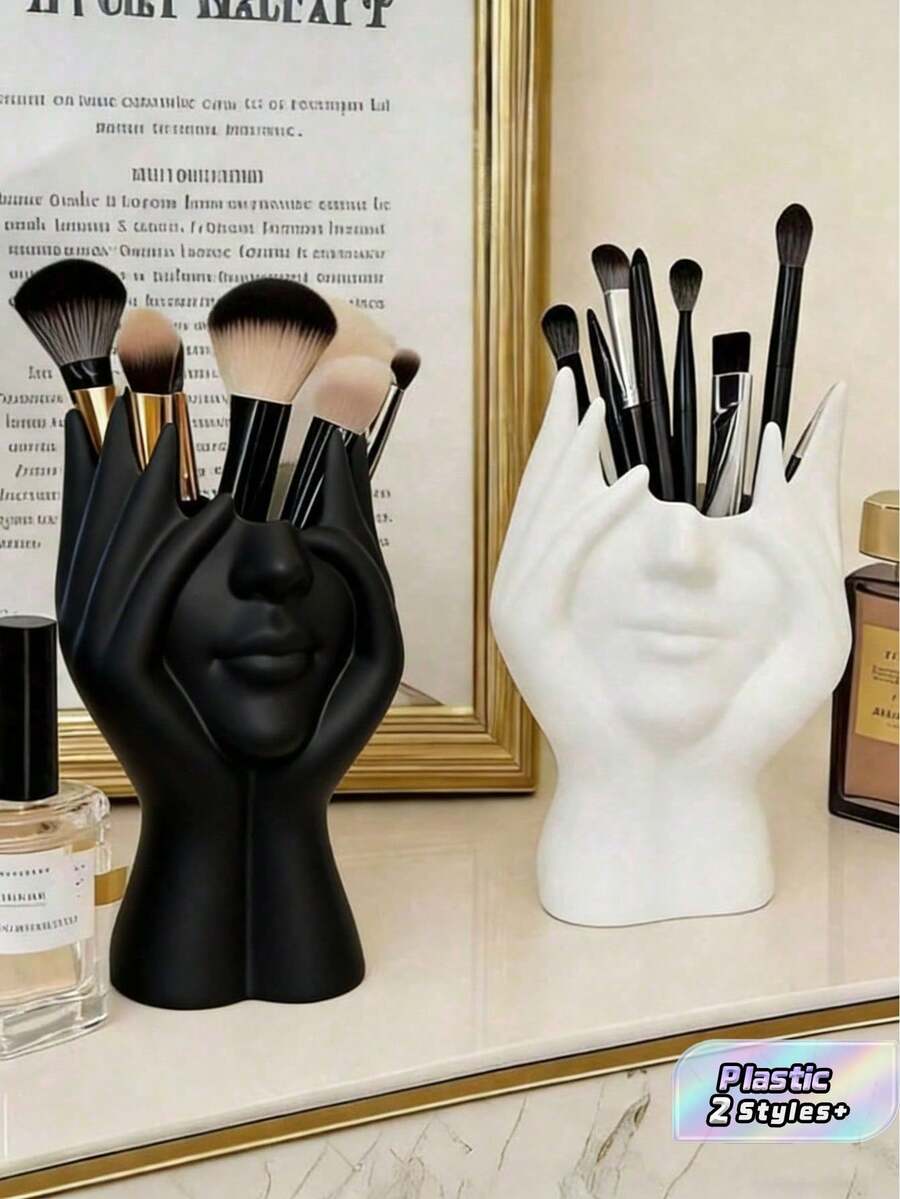 Black & White Human‑Shaped Makeup Brush Holder.Plastic Resin Creative Desktop Organizer,Cosmetic Brush Storage Rack For Vanity Table Bedroom Dresser Countertop,Stylish Home Desk Decor,Ideal Holiday Birthday Festival Gift For Makeup Lovers Girls Women