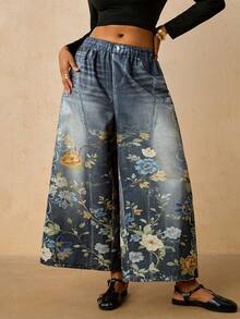 Travachic Plus Size Women's Floral Print Wide Leg Loose Casual Long Pants Fall - Black - View 4