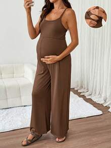 SHEIN Maternity Nursing Function Solid Color Casual Daily Outing Strapless Jumpsuit - Brown - View 11