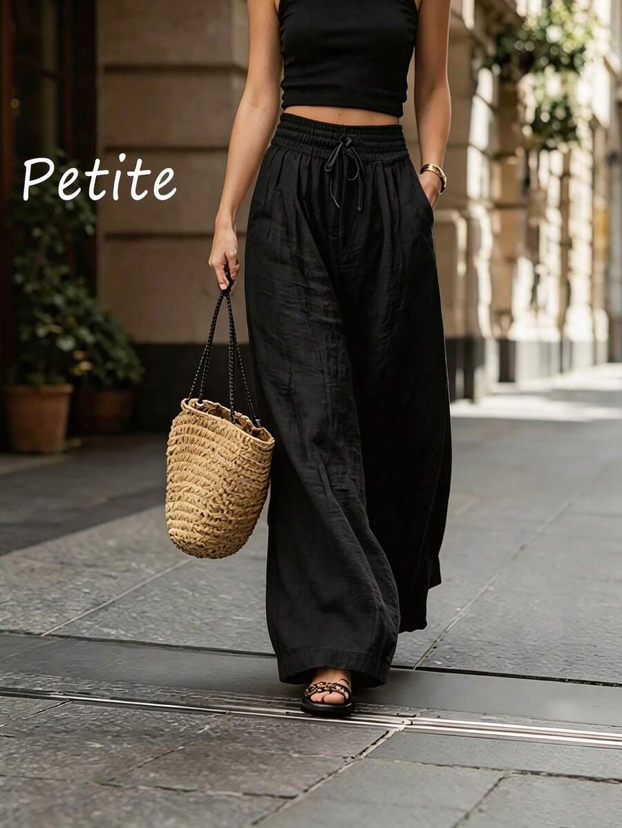 SHEIN PETITE 女款簡約休閒素色長褲 - 黑色 - 查看 1