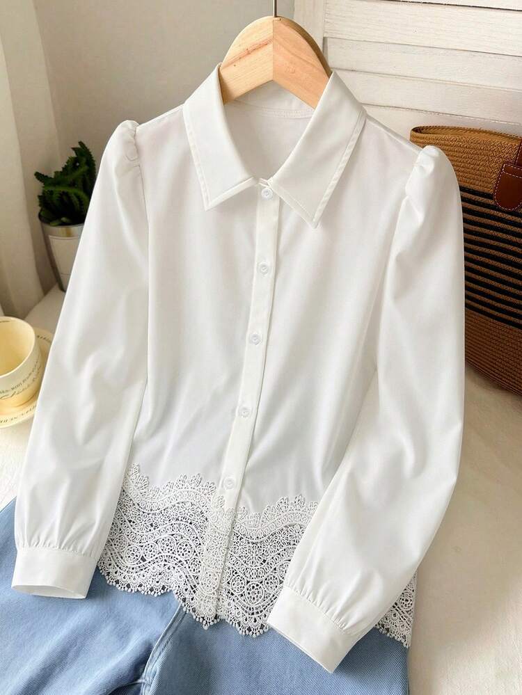 SHEIN Girls' White Long Sleeve Shirt With Ruffled Collar - White - View 4