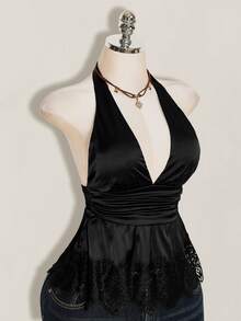 SHEIN ICON 女款素色深V領抓皺腰部性感掛脖上衣 - 黑色 - 查看 9