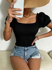 Breezaya Blus Wanita Kasual Musim Panas Warna Polos Lengan Mengembang - Hitam - View 3