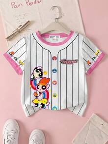 THE POWERPUFF GIRLS X SHEIN 年轻女孩休闲花朵、泡泡、毛茛图案短袖 T 恤，夏季 - 白色 - 查看 1