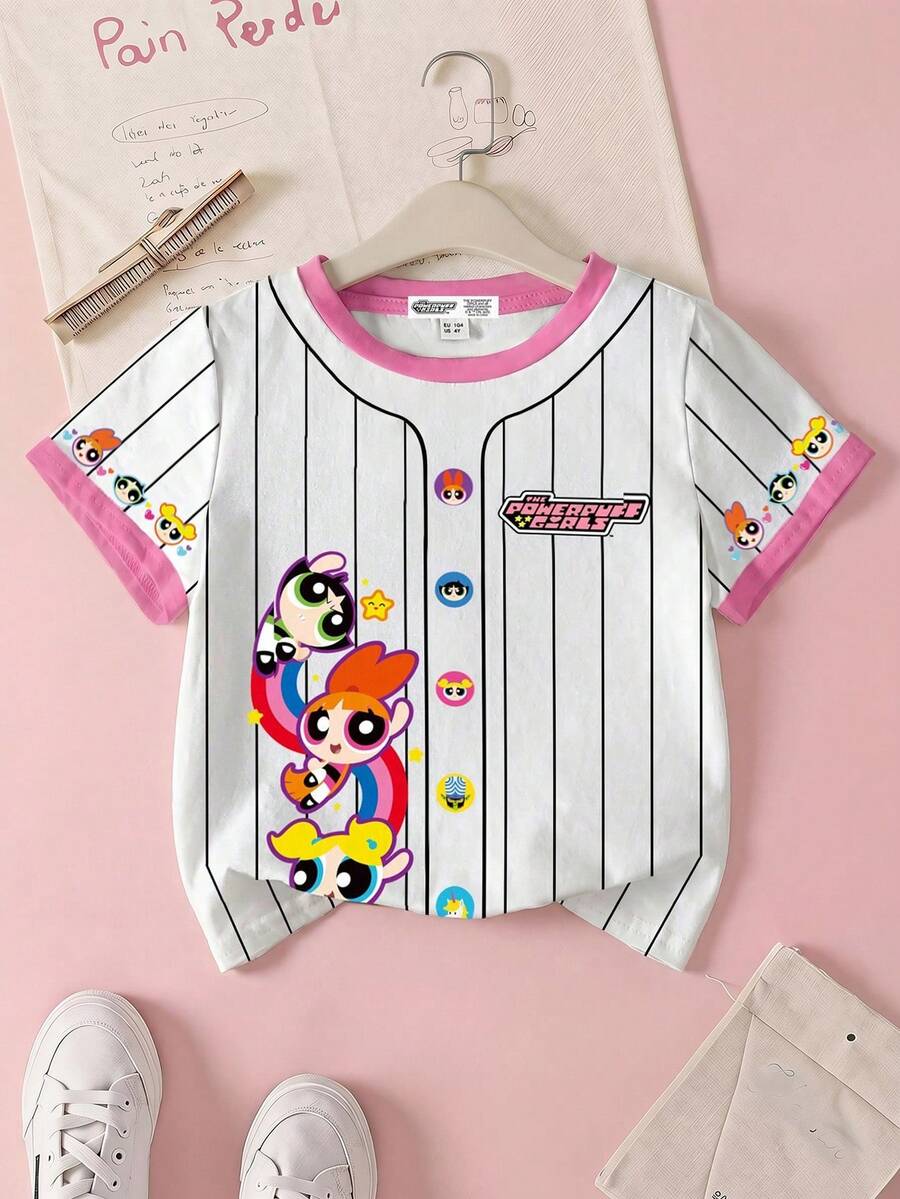 THE POWERPUFF GIRLS X SHEIN 年轻女孩休闲花朵、泡泡、毛茛图案短袖 T 恤，夏季 - 白色 - 查看 1