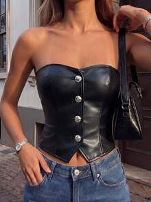 SHEIN Women's PU Leather Single-Breasted Bandeau Top - Black - View 3