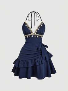 SHEIN MOD Plus Size Navy Blue Halter Neck Ruffle Short Dress Vacation Multi-Layer Design Beach Party Outfit Summer Young Girl - Blue - View 3