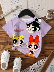 THE POWERPUFF GIRLS X SHEIN 女童休闲卡通印花T恤，夏季 - 白色 - 查看 3