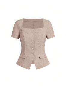 Ellevyn Women's Fashionable & Elegant Square Neck Button Short Sleeve Blouse - Pink - View 7