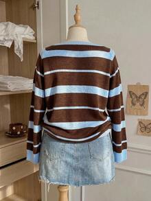 Comfortcana Suéter de punto de talla grande con bloques de color, rayas retro y hombro asimétrico para otoño/invierno - Multicolor - Ver 7