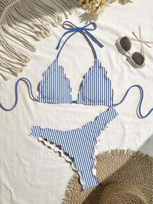 Swim Mod Women's Sexy Solid Color High Elasticity Frill Trim Bikini Set For Vacation - Blue - View 1