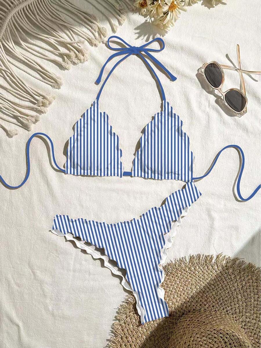 Swim Mod Women's Sexy Solid Color High Elasticity Frill Trim Bikini Set For Vacation - Blue - View 1
