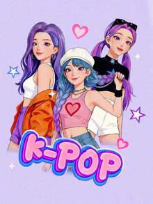 Elladie kids 春夏女童休闲时尚创意个性清新简约酷炫虚拟女团星爱心图案字母印花休闲基础款短袖T恤裙，舒适日常穿着，温暖的夏秋风格，适合春、夏、秋季穿着。 - 紫色 - 查看 5