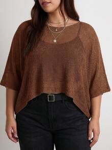 Easelle Women's Solid Color Boat Neck Batwing Sleeve Cropped Sweater - Brown - View 5
