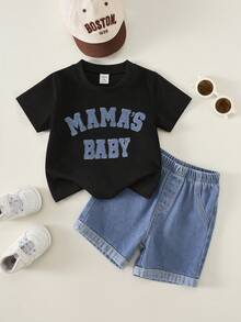 SHEIN Unisex Baby Boy/Girl Baby Boy 2pcs Spring/Summer Casual Cute Denim Patchwork Embroidered Short Sleeve T-Shirt And Denim Shorts Set - Black - View 4