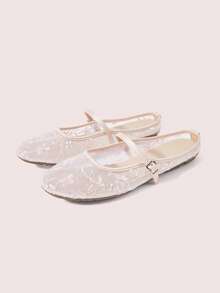 CUCCOO DOLLMOD Scarpe da donna, rosa, tomaia in pizzo e rete, punta tonda, basse, Mary Jane, tacco posteriore, dolci, carine e comode in estate - fiore rosa - Visualizzare 3