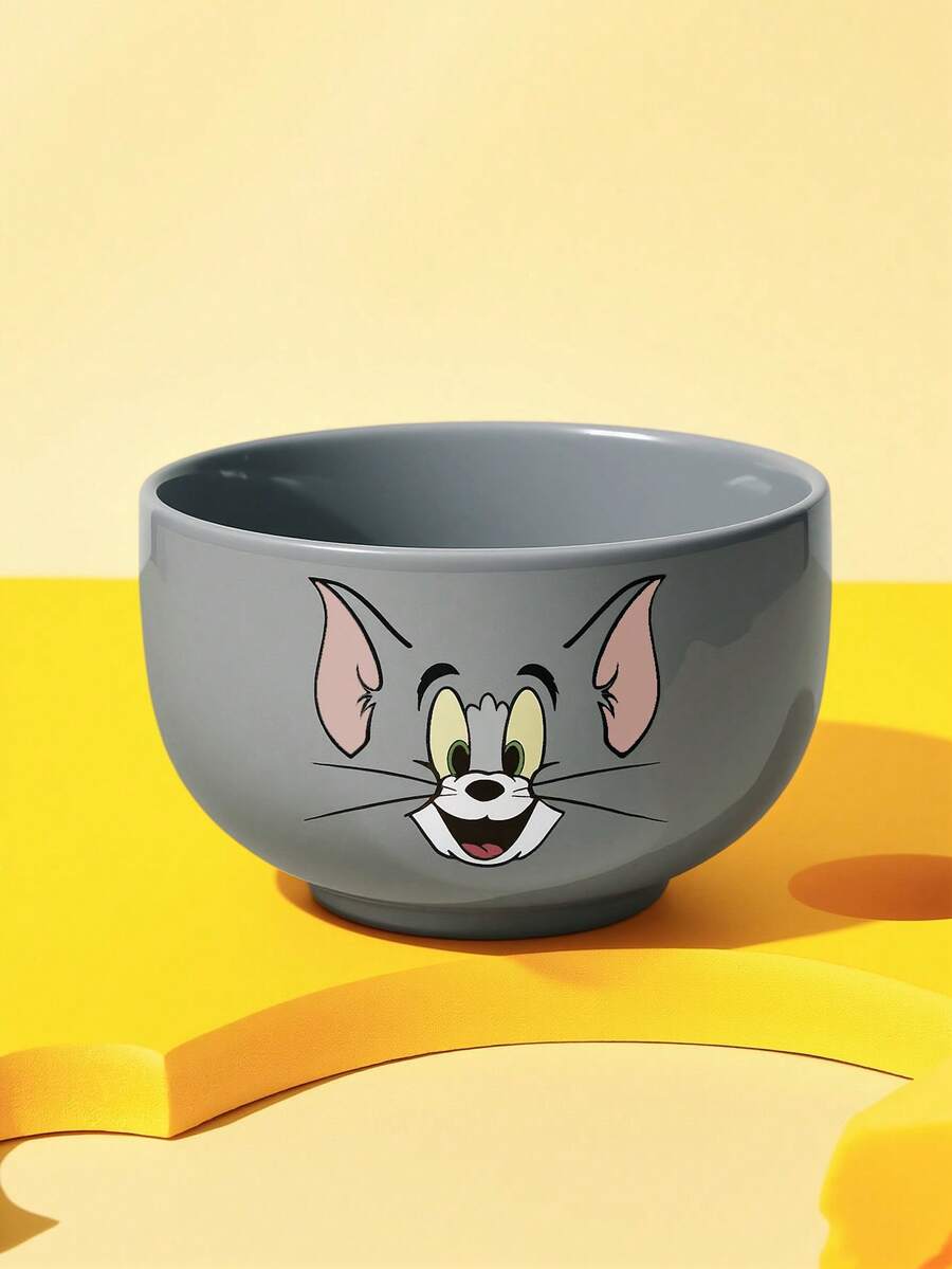 TOM & JERRY X SHEIN 經典貓鼠主題陶瓷碗,可愛角色印花穀物碗,沙拉/湯碗,適用於早餐與日常使用 - 灰色 - 查看 1