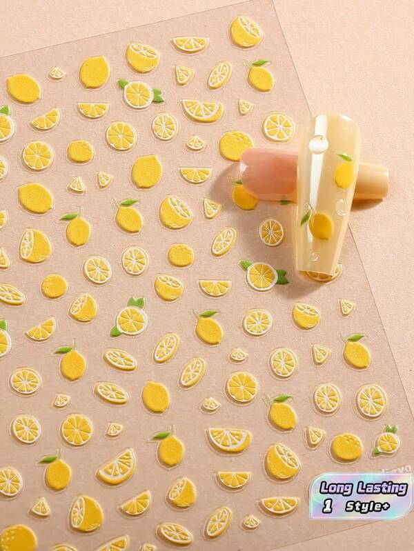 1 PC Long Lasting Easy Apply 5D Embossed Effect Lemon Yellow Citrus Fruit Nail Art Sticker For Spring Summer DIY At Home Women Nail Decals Manicure Stickers Summer Nail Art