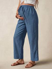 Boho Mama Quần dài bầu màu trơn, eo dây rút, phong cách thường ngày, đa năng, mặc đi ra ngoài hàng ngày - Màu xanh lam - Xem 4
