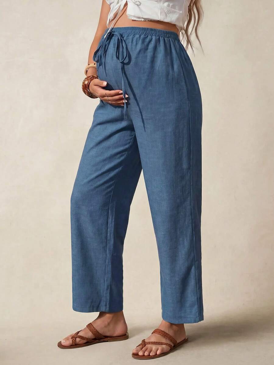 Boho Mama Maternity Solid Color Drawstring Waist Casual Versatile Daily Outing Long Pants - Blue - View 1
