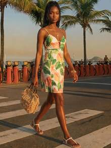 CAJUNI Women's Leaf Print Casual Tropical Vacation Daily Outing Beach Mini Strap Dress White Summer - Multicolor - View 3