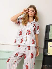 Chillnights Casual Home & Outdoor Wear, Vacation Striped Floral Print, Contrast Piping Lapel Short Sleeve Women's Pajama Long Pants Set - Multicolor - View 6