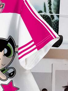 THE POWERPUFF GIRLS X SHEIN 女士撞色花朵、泡泡、毛茛图案圆领短袖T恤 - 白色 - 查看 4
