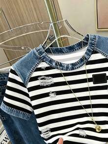 Franclia Camiseta casual de mujer de cuello redondo con parches, camiseta efecto denim, camiseta a rayas, camiseta casual cómoda para exteriores, camiseta para todas las estaciones - Azul Marino - Ver 5