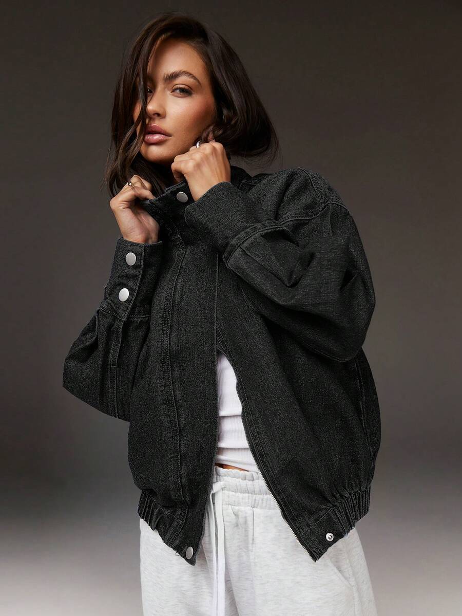 Athîral Denim 女款立領長袖素色時尚百搭牛仔外套 - 黑色 - 查看 1