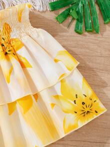 Girls' Vacation Casual Halter Neck Sleeveless Fitted Solid Color Ribbed Fabric Tank Top And Elastic Waist Tropical Large Floral Ruffle Tiered Skirt Set, Suitable For Summer Vacation And Casual Outings - Yellow - View 7
