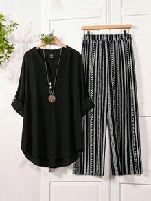 SHEIN PETITE CURVE Conjunto de 2 piezas para mujer talla grande: Camisa minimalista con cuello en V y botones, y pantalones casuales a rayas - Negro - Ver 5
