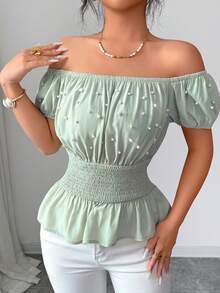 Modelyn Off-Shoulder Short Sleeve Cinched Waist Slim Fit Blouse, Spring/Summer Date Brunch Daytime Tea Party Golf Sage Green Elegant Romantic Sexy - Green - View 7