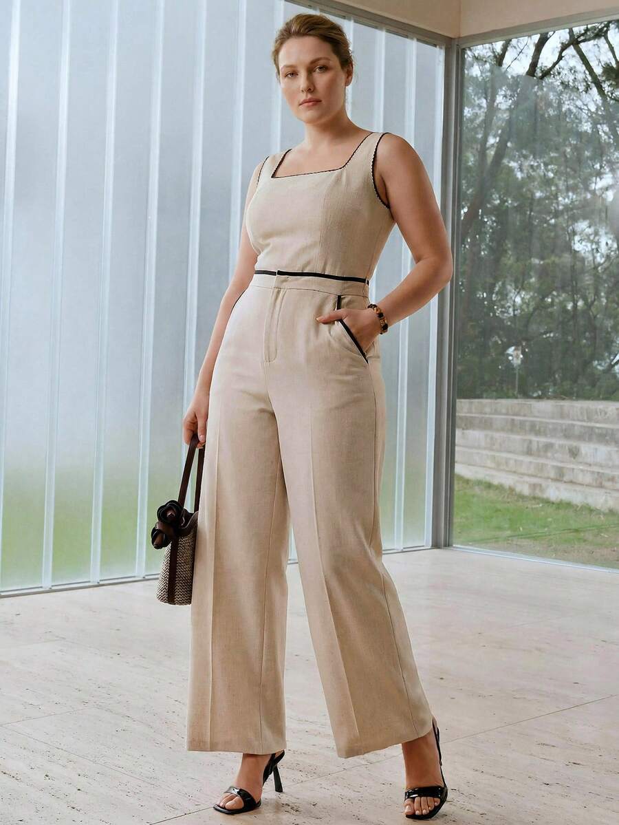 MOTF PREMIUM PLUS SIZE LINEN VISCOSE CONTRAST BINDING SLANT POCKET SEAM FRONT WIDE LEG PANTS FALL - Apricot - View 1