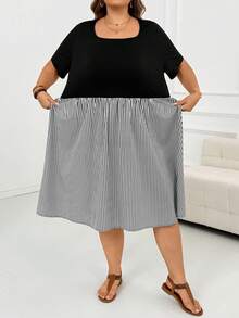 SHEIN CURVE+ Damen-Sommerkleid in großen Größen, lässig, traditionell, Vintage, für den Urlaub, schwarz-weiß Muster, mit quadratischem Ausschnitt, kurzen Ärmeln und geraffter Taille, formell - Schwarz und Weiss - Übersicht 6