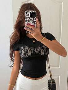 DAZY Summer Fashion Lace Patchwork 2 In 1 Short Sleeve T-Shirt - Black - View 6