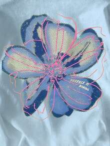 EMERY ROSE Women's Floral Print Casual Round Neck Short Sleeve T-Shirt - Baby Blue - View 5