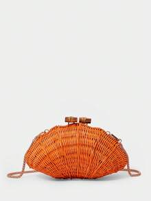 SHECARRY 女士手工編織貝殼藤編夏日海灘橘色手拿包，吸睛造型，輕巧百搭，適合度假、海灘、波希米亞風 - 橘色 - 查看 6