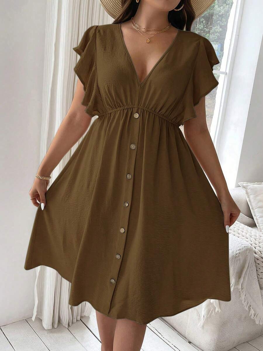 Vionelle Vestido con botones y volantes talla grande - Café integral - Ver 1