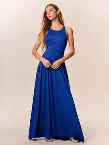 Willow Rêve Gaun Rajut Ketat Leher Bulat Warna Biru Tua, Gaya Liburan, Gaya Kasual Elegan Romantis, Gaya Musim Panas Boho - Royal Blue - View 5