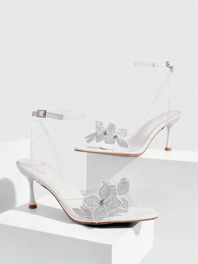 CUCCOO SZL Women Shoes Summer Pointed Stiletto White Ankle Strap Rhinestone Standing Flowers Fashion Sexy Banquet Party Nightclub Women High Heels Open-Toed Sandals