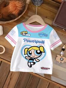 THE POWERPUFF GIRLS X SHEIN 女童字母卡通印花圆领短袖休闲T恤 - 白色 - 查看 7