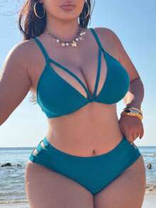 Swim SXY 大尺碼女款素色性感比基尼上衣，適合夏季海灘穿著 - 綠色 - 查看 4