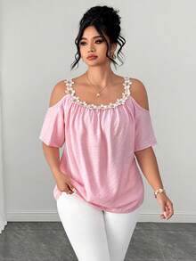 Elenzga Plus Size Round Neck Patchwork Lace Collar Cold Shoulder Short Sleeve Meteor Pleated Texture Pink Blouse Brunch Formal Summer Elegant Autumn - Pink - View 1