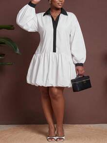 Veslaya Plus Size Women's Colorblock Pleated Casual Party Dress Fall - Black and White - View 4
